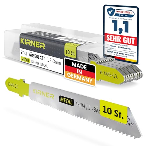 KIRNER Stichsägeblätter Metall 10 Stk. [ Profi Qualität ] präziser & sauberer Schnitt für dünne Bleche (1,2-3mm) - für jede Stichsäge mit T Schaft Aufnahme - Metallsägeblatt Stichsäge von KIRNER