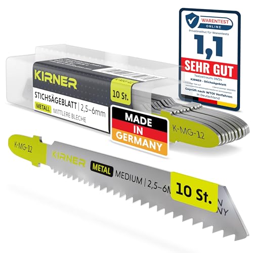 KIRNER Stichsägeblätter Metall 10 Stk. [ Profi Qualität ] präziser & sauberer Schnitt für mittelstarke Bleche (2,5-6mm) - für jede Stichsäge mit T Schaft Aufnahme - Metallsägeblatt Stichsäge von KIRNER