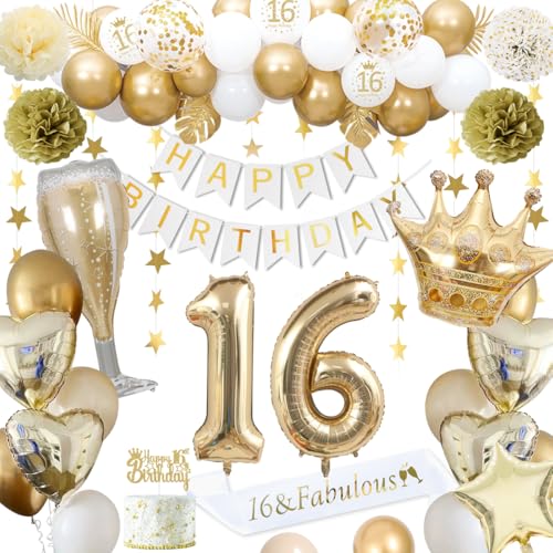 16 Geburtstagsdeko, gold 16 Geburtstag deko für Jungen Mädchen gold weiße Luftballons HAPPY BIRTHDAY Banner Nummer 16 Luftballons Krone Stern Herz Luftballons HAPPY 16th BIRTHDAY Kuchenaufsatz von KISPATTI