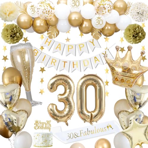 30 Geburtstagsdeko, gold 30 Geburtstag deko für Männer Frauen gold weiße Luftballons HAPPY BIRTHDAY Banner Nummer 30 Luftballons Krone Stern Herz Luftballons HAPPY 30th BIRTHDAY Kuchenaufsatz von KISPATTI