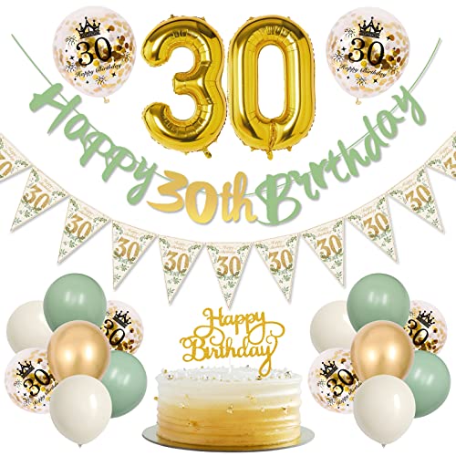 30 Geburtstagsdeko Frauen, Grün Gold Luftballon 30. Geburtstag Deko Mit Wimpelkette Banner, Geburtstagsdeko 30 Happy Birthday Banner für Frauen Mann 30. Geburtstagsdeko von KISPATTI