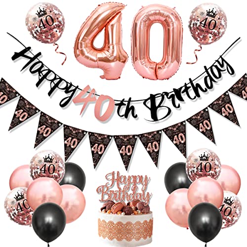 40 Geburtstag Dekoration Frauen, KISPATTI Luftballon 40. Geburtstag Deko Schwarz Rosegold Mit Wimpelkette Banner,Happy Birthday Girlande von KISPATTI