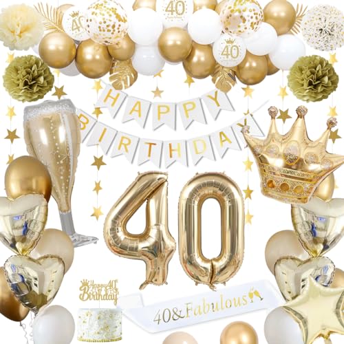40 Geburtstagsdeko, gold 40 Geburtstag deko für Männer Frauen gold weiße Luftballons HAPPY BIRTHDAY Banner Nummer 40 Luftballons Krone Stern Herz Luftballons HAPPY 40th BIRTHDAY Kuchenaufsatz von KISPATTI