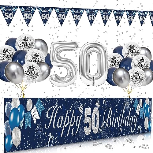 50 Geburtstag Deko Männer Frauen, Extra Lange 50 Geburtstag Dekoration Banner (274 * 37cm) Blau Silber Happy Birthday Girlande 50 Geburtstag Dekoration Luftballons 50. Geburtstag Deko Männer Frauen von KISPATTI