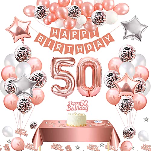 50 Geburtstag Deko Frauen, Rose Gold 50. Geburtstag Luftballons 50. Geburtstag Dekoration mit Happy Birthday Banner, Cake Topper, Latex Luftballons Konfetti Luftballons Sterne Herz Folienballons (50) von KISPATTI