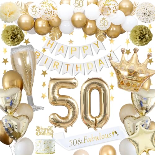 50 Geburtstagsdeko, gold 50 Geburtstag deko für Männer Frauen gold weiße Luftballons HAPPY BIRTHDAY Banner Nummer 50 Luftballons Krone Stern Herz Luftballons HAPPY 50th BIRTHDAY Kuchenaufsatz von KISPATTI