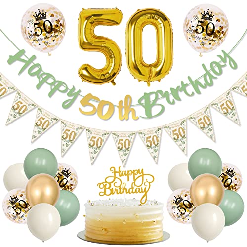 50 Geburtstagsdeko Frauen, Grün Gold Luftballon 50. Geburtstag Deko Mit Wimpelkette Banner, Geburtstagsdeko 50 Happy Birthday Banner für Frauen Mann 50. Geburtstagsdeko von KISPATTI