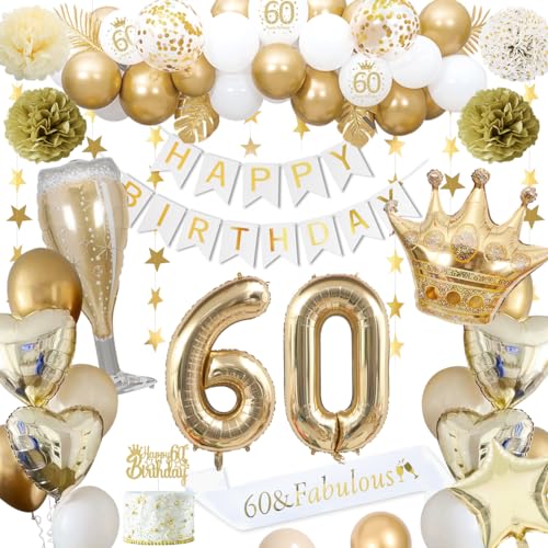 60 Geburtstagsdeko, gold 60 Geburtstag deko für Männer Frauen gold weiße Luftballons HAPPY BIRTHDAY Banner Nummer 60 Luftballons Krone Stern Herz Luftballons HAPPY 60th BIRTHDAY Kuchenaufsatz von KISPATTI