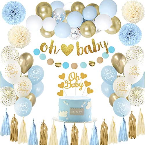 Baby Shower Deko Boy, Babyparty Deko Junge, Blau Weiß Baby Shower Dekoration, Baby Party Deko Neutral mit Oh Baby Banner, Blau Luftballons Girlande für Baby Shower Babyparty Junge Deko von KISPATTI