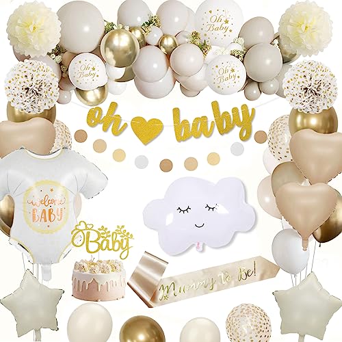 Babyparty Deko, Gold Baby Shower Deko für Jungen Mädchen Gold Weiße Luftballons Mummy to Be Schärpe Tortenaufsatz Banner für Babyparty Gender Reveal Party Dekorationen von KISPATTI