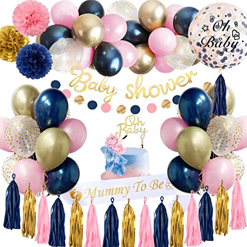 Babyparty Deko Mädchen Junge, Baby Shower Dekoration Babyparty Deko Neutral, Blau Rose Babyparty Deko mit Baby Shower Banner Oh Baby Tortendeko,Blau Rose Luftballons für Babyparty Deko Mädchen Junge von KISPATTI