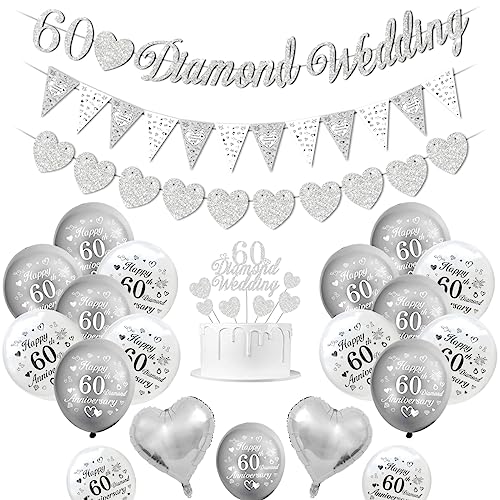 Diamant Hochzeit deko, 60 Hochzeitstag Dekorationen, 60 Diamant Hochzeitsbanner, Happy 60th Anniversary Luftballons silberweiße Luftballons Herzballons 60 Diamond Wedding tortenaufsatz von KISPATTI