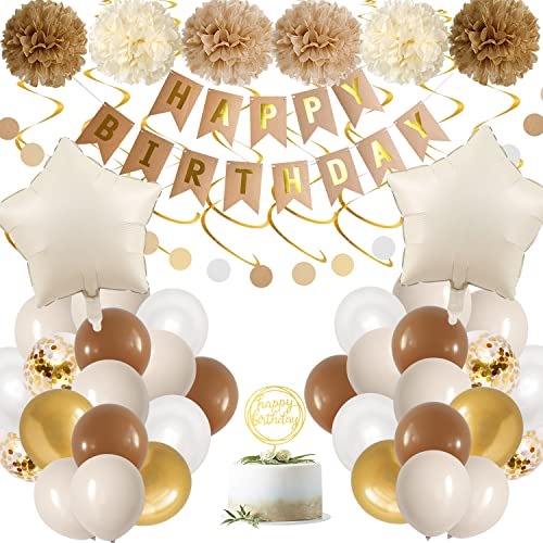 Geburtstagsdeko, Luftballons Geburtstag Set, Braun Weiß Beige Gold Boho Luftballons mit Papierbommeln, Happy Birthday Banner, Konfetti Ballons für Geburtstag Dekoration Mädchen Jungen Frauen Männer von KISPATTI