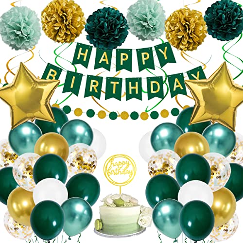 Geburtstagsdeko, Luftballons Geburtstag Set Grün Gold Metallic Luftballons für Mädchen Jungen Frauen Männer mit Papierbommeln, Happy Birthday-Banner, Konfettiballons für Geburtstag Dekoration von KISPATTI