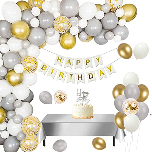 Geburtstagsdeko Luftballons 86 Stück Weiß Grau Gold - Konfetti Ballon, Alles Gute zum Geburtstag Banner, Silber Tischdecke, Cake Topper für Mädchen Geburtstagsdeko Luftballons 86 Stück Weiß Grau Gold - Konfetti Ballon, Alles Gute zum Geburtstag Banner, Silber Tischdecke, Cake Topper für Mädchen von KISPATTI