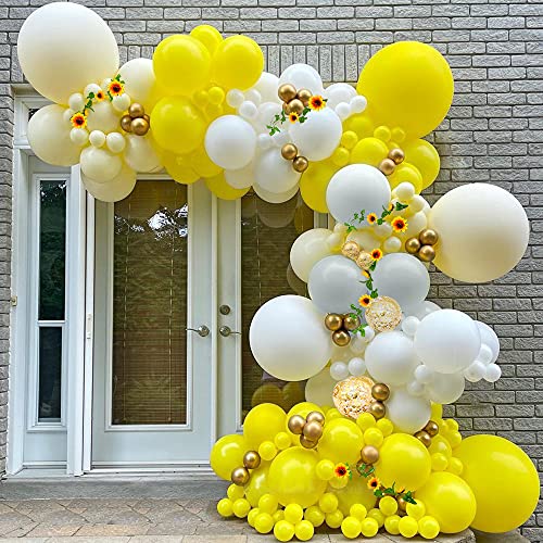 Gelbe Luftballons Bogen Girlande Kit, Pastell Gelbe Luftballons Macaron Gelbe Graue Luftballons Gelbe Weiße Luftballons Künstliche Sonnenblumenrebe Metallische Goldballons Goldkonfettiballons von KISPATTI