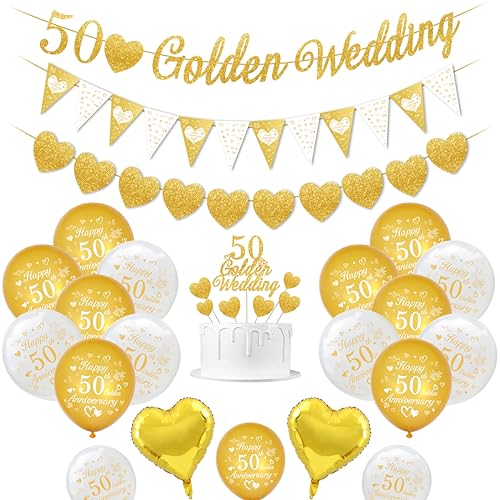 Goldene Hochzeit deko, 50 Hochzeitstag Dekorationen 50 Goldene Hochzeitsbanner Happy 50th Anniversary Luftballons Goldweiße Luftballons Herzballons 50 Golden Wedding tortenaufsatz von KISPATTI