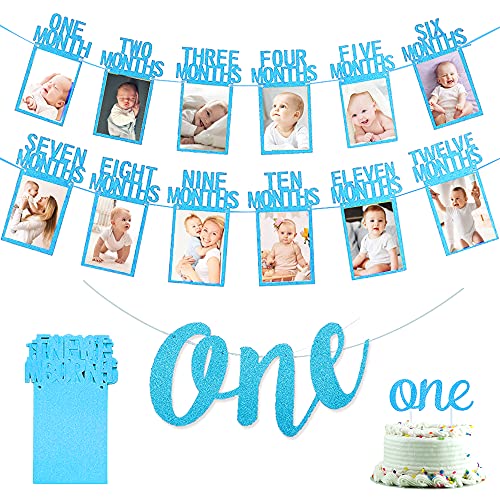 1 Geburtstagsdeko, 1 Geburtstags Foto Banner Blau 1 bis 12 Monate Foto Banner One Banner One Cake Topper für Jungen Mädchen Geburtstag Babyparty Partydekorationen von KISPATTI