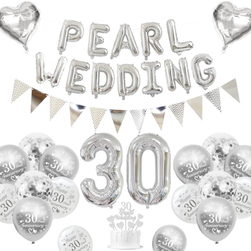 Perlen Hochzeit Deko, 30 Hochzeitstag Dekorationen 30 Perlen Hochzeit Luftballons Happy 30th Anniversary Luftballons Metallische Silber Weiße Luftballons Banner 30 Pearl Wedding Tortenaufsatz von KISPATTI