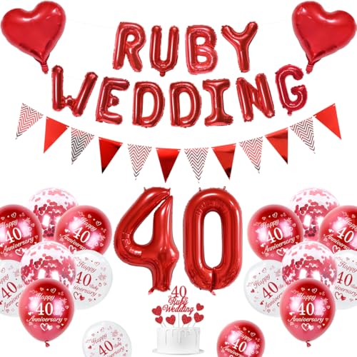 Rubin Hochzeit Deko, 40 Hochzeitstag Dekorationen 40 Rubin Hochzeit Luftballons Happy 40th Anniversary Luftballons Metallische Rot Weiße Luftballons Banner 40 Ruby Wedding Tortenaufsatz von KISPATTI