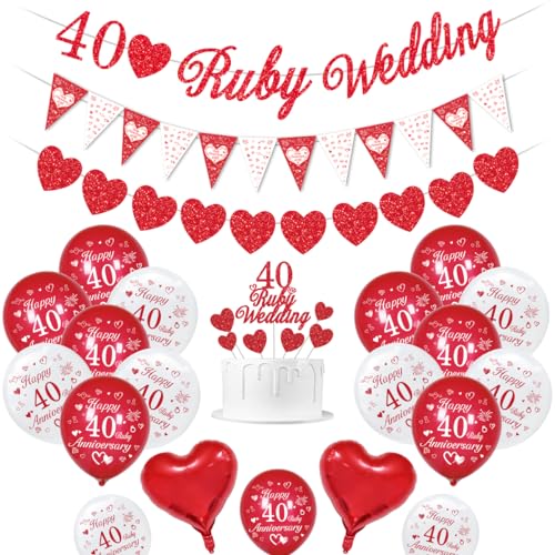 Rubin Hochzeit deko, 40 Hochzeitstag Dekorationen, 40 Rubin Hochzeitsbanner, Happy 40th Anniversary Luftballons rot weiße Luftballons Herzballons 40 Ruby Wedding tortenaufsatz von KISPATTI