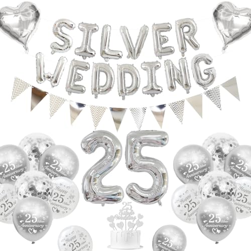 Silberne Hochzeit Deko, 25 Hochzeitstag Dekorationen 25 Silberne Hochzeit Luftballons Happy 25th Anniversary Luftballons Metallische Silber Weiße Luftballons Banner 25 Silver Wedding Tortenaufsatz von KISPATTI