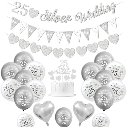 Silberne Hochzeit deko, 25 Hochzeitstag Dekorationen, 25 Silberne Hochzeitsbanner, Happy 25th Anniversary Luftballons silberweiße Luftballons Herzballons 25 Silver Wedding tortenaufsatz von KISPATTI