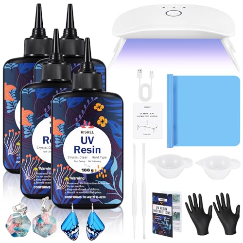 KISREL UV-Harz mit Licht (ohne Batterie) – 400 g hart, kristallklar, UV-Harz-Set, 8 Lampenperlen, UV-Licht (ohne Batterie), UV-Harz mit Licht für Bastel- und Schmuckherstellung von KISREL