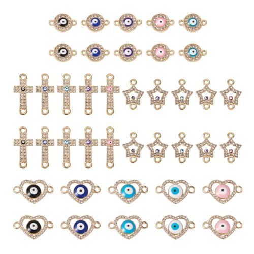 Emaille-Anhänger, Motiv: böser Blick, Legierung, Strass, Herz, Kreuz, Stern, flach, rund, mit bösem Blick, Legierung, Verbindungsstücke für DIY-Armbänder, Ohrringe, Schmuckherstellung, 40 Stück Emaille-Anhänger, Motiv: böser Blick, Legierung, Strass, Herz, Kreuz, Stern, flach, rund, mit bösem Blick, Legierung, Verbindungsstücke für DIY-Armbänder, Ohrringe, Schmuckherstellung, 40 Stück von KISSITTY