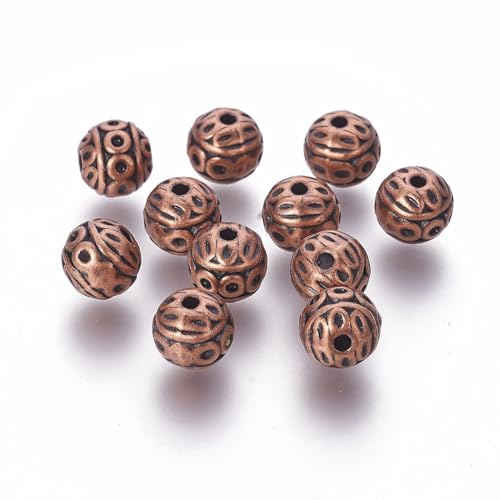 KISSITTY 100 Stück rote Kupfer-Metallperlen, 8 mm, tibetischer Stil, strukturiert, rund, Abstandhalter, Vintage-Legierung, mittig gebohrt, lose Perlen für DIY-Armbänder, Halsketten, Ohrringe von KISSITTY