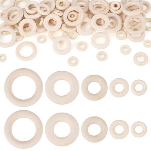 KISSITTY 150 Stück Holzringe, unlackiertes Holz, kleine Ringglieder, natürlich, rustikal, dekorative Bastelanhänger für DIY-Anhänger, Verbinder, Makramee, Basteln, Malen, Ostern, Ornamentherstellung von KISSITTY