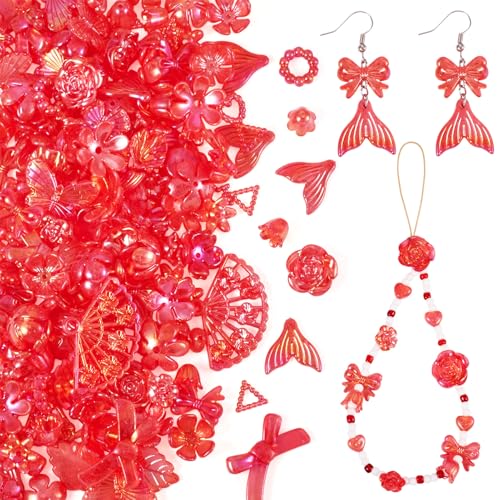 KISSITTY 182 Stück sortierte Acrylperlen, transparent, rote Blätter, Schmetterling, Rose, Blume, Herz, lose Abstandshalter, Perlen, Großpackung, Kawaii, niedliche Charms für Handy, Schlüsselanhänger KISSITTY 182 Stück sortierte Acrylperlen, transparent, rote Blätter, Schmetterling, Rose, Blume, Herz, lose Abstandshalter, Perlen, Großpackung, Kawaii, niedliche Charms für Handy, Schlüsselanhänger von KISSITTY