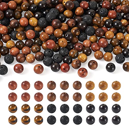 KISSITTY 300 Stück runde Edelsteinperlen aus Naturholz, 6 Stile, 8~8,5 mm, inklusive Lavastein-Perlen und Tigeraugen-Holzperlen, natürlich polierte Holzkugel, lose Perlen für Männer, Armbänder, von KISSITTY