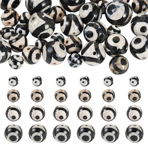 KISSITTY 36 natürliche Achat-Perlen, facettiert, Dzi, runde Augen, Edelstein-Abstandhalter, schwarz, tibetischer Stil, verschiedene Größen für DIY-Armbänder, Halsketten, Ohrringe, Schmuckherstellung von KISSITTY