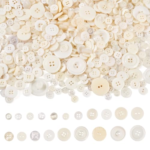 KISSITTY 400–600 Stück flache runde Harzknöpfe zum Basteln, Kleidung, 4 Löcher, für Anzug, Mantel, Hemd, Nähknöpfe, Großpackung, 7–25 mm, gemischte Größen, flache Rückseite, kleine Knöpfe zum Nähen von KISSITTY