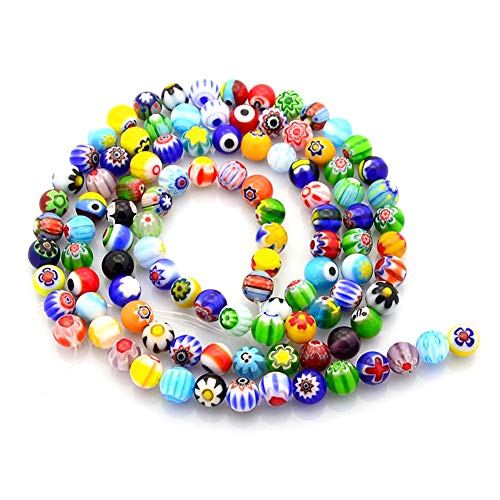 KISSITTY 5 Stränge handgefertigte Millefiori Lampwork Glas runde Abstandshalter Perlen 8 mm 40,6 cm gemischte Farben für DIY Schmuckherstellung (ca. 52 Stück/Strang) von KISSITTY
