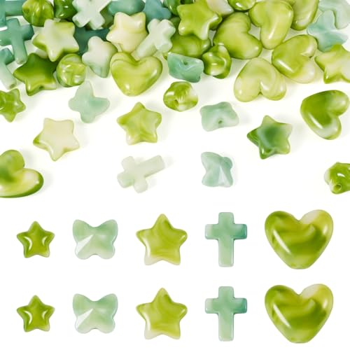 KISSITTY 50 Stück gelb-grüne Edelstein-Acryl-Perlen, gemischte Formen, bunte Perlen, Herz, Stern, Kreuz, Schmetterling, Perlen für Schmuckherstellung, DIY, Armband, Halskette, handgefertigte von KISSITTY