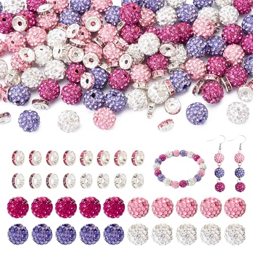 KISSITTY 80 Stück 10 mm Strass-Perlen, Polymer-Ton, fuchsia, Discokugel-Abstandshalter mit flachen, runden Perlen für selbstgemachte Schmuckherstellung, Halsketten, Ohrringe, Armbänder, Dekorationen von KISSITTY