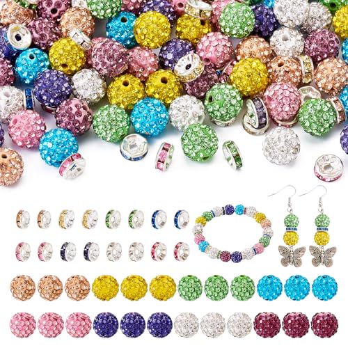 KISSITTY 80 Stück 10 mm Strass-Perlen, Polymerton, bunte Discokugel-Abstandshalter mit flachen, runden Perlen für selbstgemachte Schmuckherstellung, Halsketten, Ohrringe, Armbänder, Dekorationen von KISSITTY