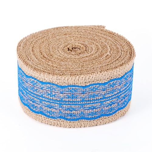 KISSITTY 9,1 m Juteband, Spitzen-Bastelband, rustikaler Jute-Stoff, blaue Ränder, 5,6 cm breit, Geschenkverpackung, Kranz, Schleife, Basteln, dekoratives Band für Hochzeit, Party KISSITTY 9,1 m Juteband, Spitzen-Bastelband, rustikaler Jute-Stoff, blaue Ränder, 5,6 cm breit, Geschenkverpackung, Kranz, Schleife, Basteln, dekoratives Band für Hochzeit, Party von KISSITTY