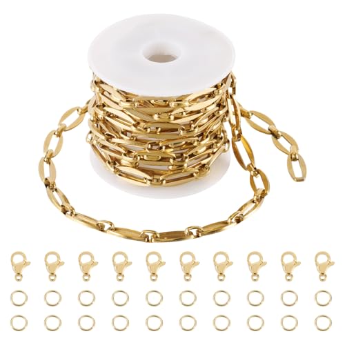 KISSITTY Büroklammerketten, goldfarben, ungeschweißt, flach, oval, Ketten-Set, 304 Edelstahl, Gliederrolle mit offenen Biegeringe und Karabinerverschlüssen für DIY-Schmuckherstellung, Halskette KISSITTY Büroklammerketten, goldfarben, ungeschweißt, flach, oval, Ketten-Set, 304 Edelstahl, Gliederrolle mit offenen Biegeringe und Karabinerverschlüssen für DIY-Schmuckherstellung, Halskette von KISSITTY