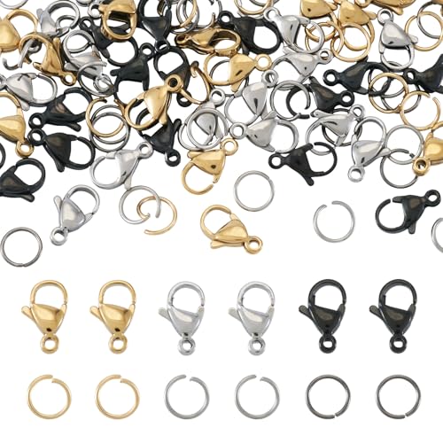 KISSITTY Karabinerverschlüsse, offene Binderinge, Set, 3 Farben, Schmuckherstellung, Reparatur-Set für Armband, Halskette, Ohrringe, Kette, Schlüsselanhänger, Anhänger, Bastelzubehör, 120 Stück von KISSITTY