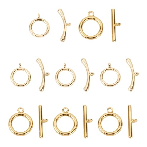 KISSITTY Knebelverschlüsse, echtes 14 Karat vergoldetes Messing, rund, IQ-Ring, OT-Knebelverschluss, T-Stange, Endverbinder, Großpackung für Schmuckherstellung, DIY, Handwerk, Halskette, Armband von KISSITTY