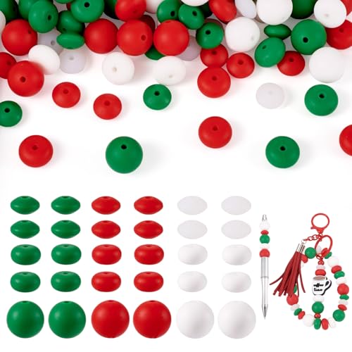 KISSITTY Silikonperlen für Weihnachten, bunt, rund, lose Rondelle, Bastelperlen, verschiedene lose Abstandshalter, Perlen für Armband, Schlüsselanhänger, Perlen, Stift, Schlüsselband, 90 Stück von KISSITTY