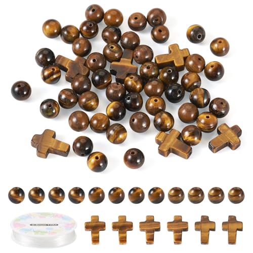KISSITTY Tigeraugen-Perlen, runde Edelstein-Kreuzperlen, braun, lose Perlen und elastischer Kristallfaden, Natursteinperlen für Schmuckherstellung, DIY, Perlen, Armband, Halskette, Ohrringe, 52 Stück von KISSITTY