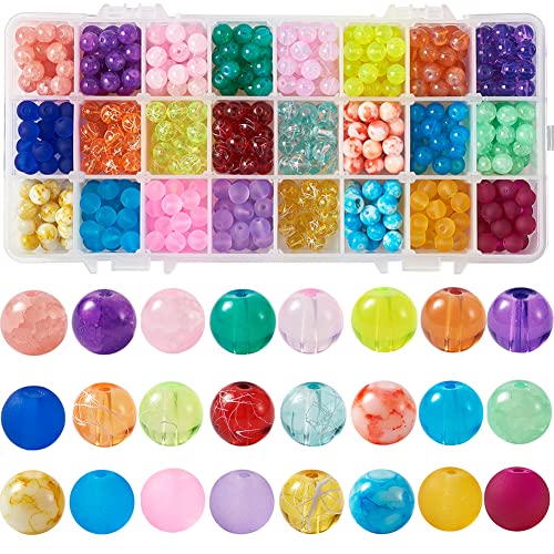 Kissitty 720 Stück, 8 mm, 24 Farben, transparentes Milchglas, runde lose Abstandshalter-Perlen-Set mit 1,3–1,6 mm Loch, sortiert für DIY-Schmuckherstellung, mit Behälterbox von KISSITTY