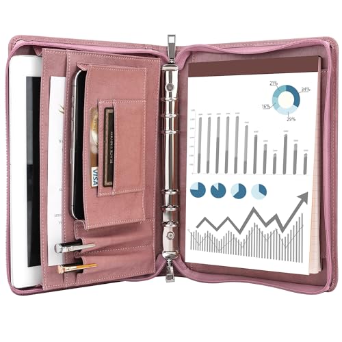 KISSKI A5 Schreibmappe Leder für Damen, 6 Ringbuch Konferenzmappe, Veganes Leder Aktenmappe mit Stift-/Kartenhalter, 10,6 x 7,6 Zoll für A5 Klemmbrett, Tablet für iPad Mini/Air 2, Pink(1 Notizblock) von KISSKI·H Olvido