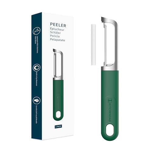 KITCHENDAO Schwenkbarer Gemüse-Kartoffelschäler, langlebig, japanischer 420J2 Edelstahl, scharfe Doppelklinge, integrierter Augenentferner, Soft-Touch-Griff, Grün von KITCHENDAO