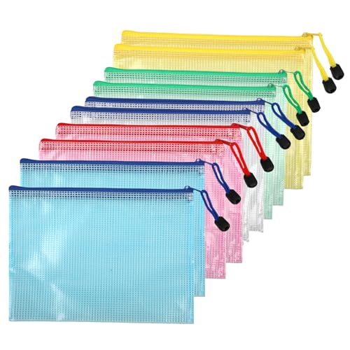 10 Stk Dokumententasche - Reißverschlussbeutel A5 - PVC Kunststoff - Wasserdicht Mesh - für Datei, Papier, Kosmetika, Hausaufgaben, Reisen (Grün, Gelb, Weiß, Rot, Blau) von KITDAHOM