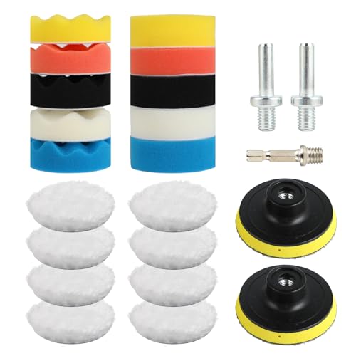 23 Stück Polierschwämme Pads - Polierpad Set 3 Zoll - Schwamm & Wolle - Zum Polieren, Schleifen, Wachsen - Für Auto, Bohrmaschine, Poliermaschine (Mehrfarbig) von KITDAHOM